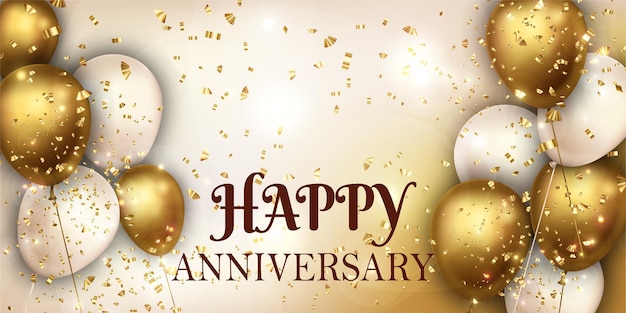 Banner de aniversário feliz com fundo de balão branco e dourado com brilho dourado