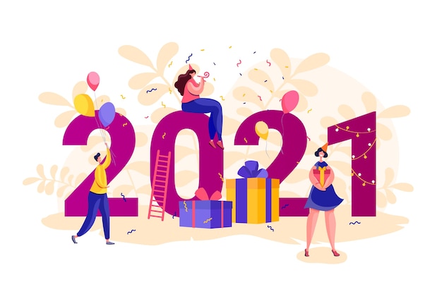 Banner de ano novo 2021. Pessoas em torno de grandes números. Festa de homens e mulheres de estilo simples. Conceito de festa