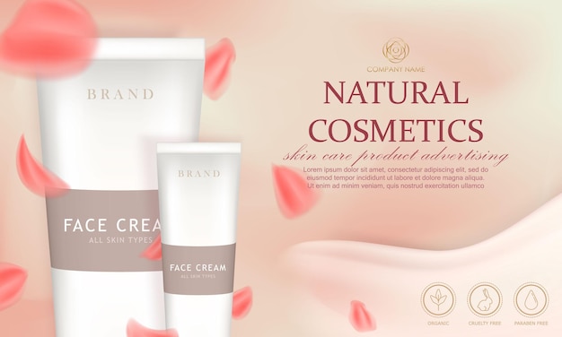 Banner de anúncio com cartaz promocional de produtos naturais para cuidados com a pele com esfregaço de creme de pétalas de flores e cosméticos