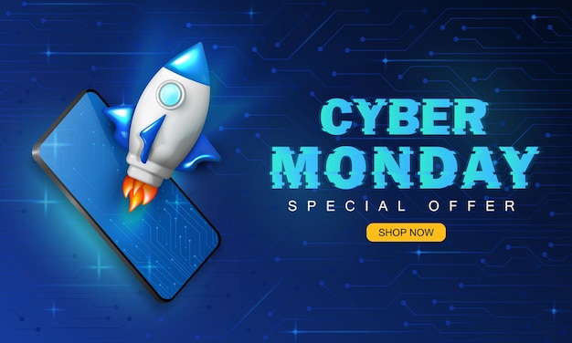 Vetor banner de anúncio da cyber monday com foguete de telefone 3d lançando texto neon com defeito e botão comprar agora