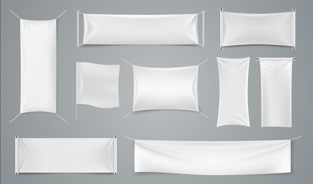 Banner de anúncio têxtil. Publicidade de tecido branco em branco, folha de anúncio realista de pano isolado.