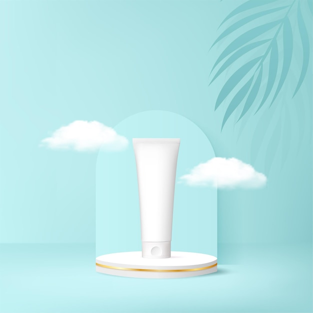 Banner de anúncios de cosméticos com pódio. ilustração vetorial fundo 3D