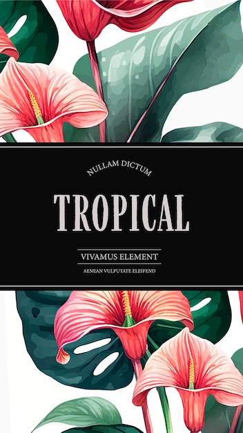 Banner de aquarela de verão tropical com antúrio e plantas