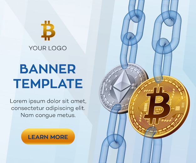 Banner de bitcoin dourado e prateado