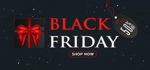 Vetor banner de black friday com uma caixa de presente embrulhada em papel listrado vermelho e amarrada com um laço preto em preto