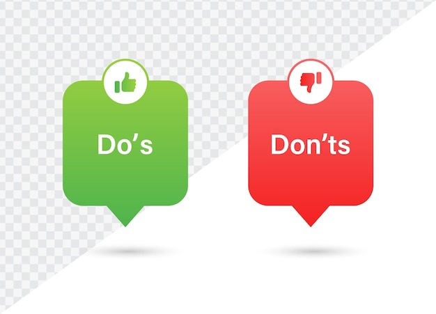 Vetor banner de bolha de fala de ícones do que fazer e não fazer com sinais de ícone de polegar para cima ou polegar para baixo