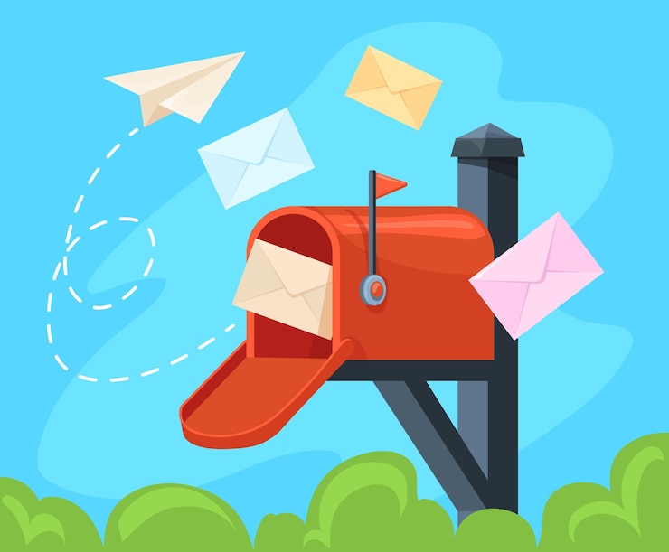 Vetor banner de caixa de correio cartas ou cartões postais carinhosos serviço de newsletter postal inscrever-se mensagem de e-mail de negócios enviar notícias da caixa de correios caixão de correio ilustração vetorial limpa