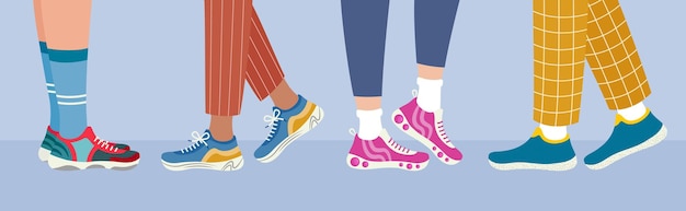 Banner de calçado esportivo pernas em vista lateral de tênis conceito de estilo de vida saudável mulheres e homens andando de tênis atividade diária ilustração vetorial plana