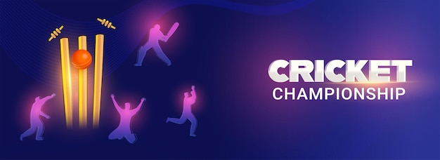 Banner de campeonato de críquete ou design de cabeçalho com tocos dourados e bola vermelha e vários personagens