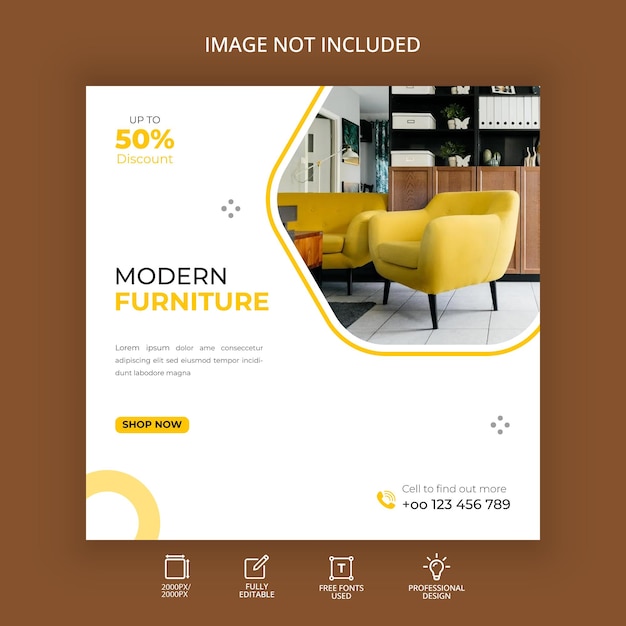 Banner de capa de mídia social de venda de móveis exclusivos design de fundo branco amarelo