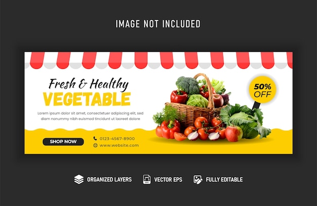 Vetor banner de capa do facebook on-line do mercado de vegetais frescos e saudáveis vetor premium