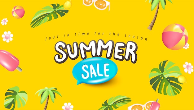 Banner de cartaz de venda de verão com fundo amarelo de vibrações de praia tropical de verão