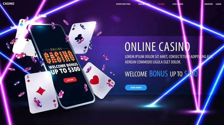 Vetor banner de cassino online para site com fichas de pôquer de smartphone de botão e cartas de baralho em cena roxa com raios de linha neon azul e rosa
