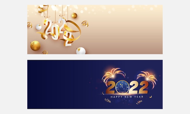 Banner de celebração de feliz ano novo de 2022 ou design de cabeçalho em opções de cores azuis e douradas.