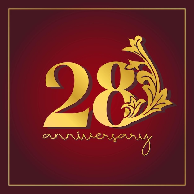 Banner de celebração do 28º aniversário com fundo vermelho. design de vetor de número decorativo vintage