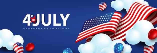 Banner de celebração do dia da independência dos eua com balões americanos e bandeira dos estados unidos movendo-se no céu de nuvem