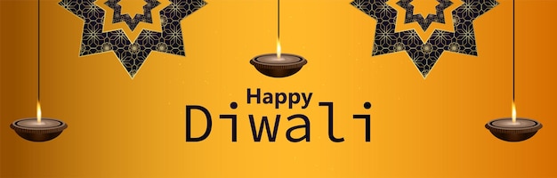 Banner de celebração feliz diwali com diwali diya em fundo amarelo