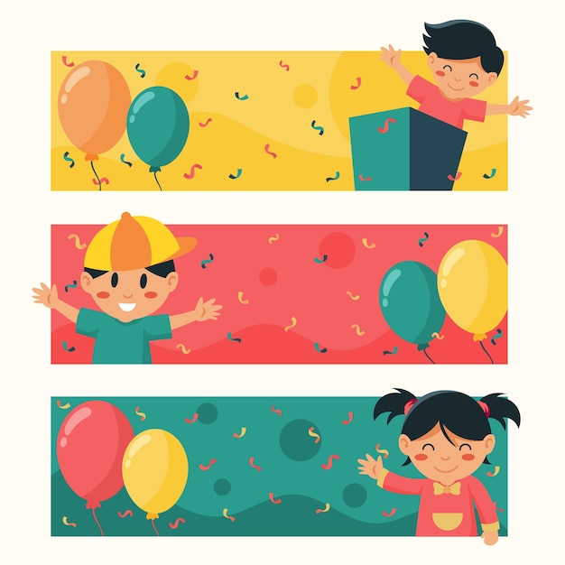 Banner de celebração infantil com balões e confetes