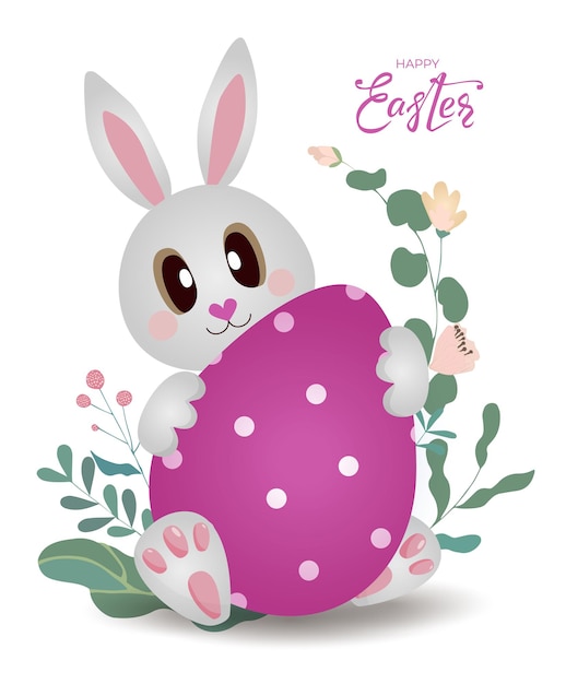 Banner de coelhinho da Páscoa feliz com ovo de coelho e texto de letras desenhadas à mão Lebre fofa em flores e folhas em fundo branco Para cartões de saudação banners convite Ilustração vetorial