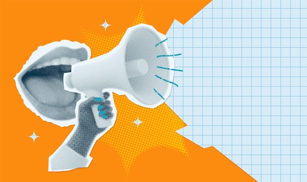 Banner de colagem de meio tom pontilhado com uma boca gritando em um megafone vintage em retro