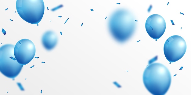 Banner de comemorações de festa com balões azuis e confetes