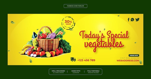 Banner de comida de promoção de entrega de vegetais e mercearia saudável modelo de banner da web de capa do facebook