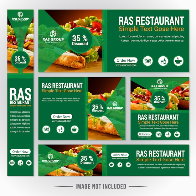 Banner de comida verde web definido para restaurante