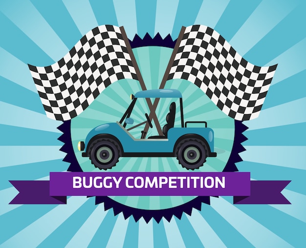 Vetor banner de competição de buggy com bandeira quadriculada