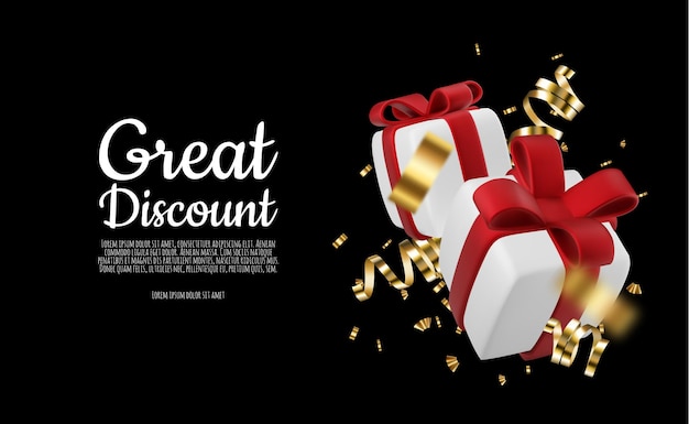Banner de compras on-line com presente realista em 3D isolado em fundo preto Ilustração vetorial
