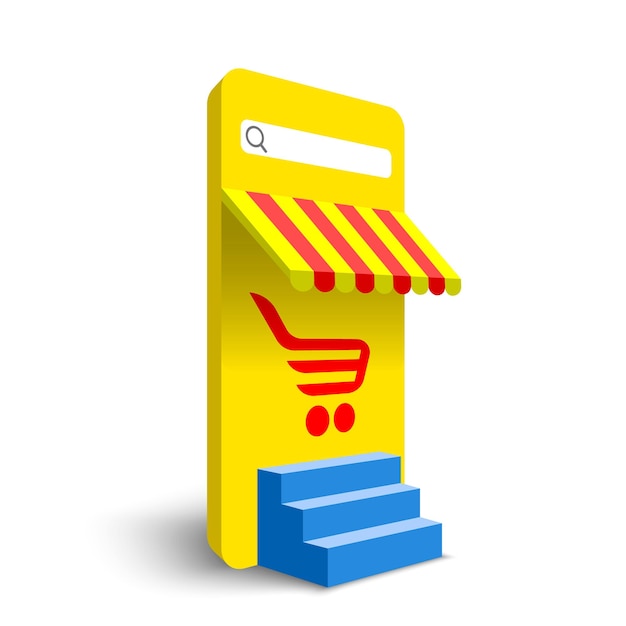 Vetor banner de compras online smartphone amarelo e ilustração vetorial de escadas