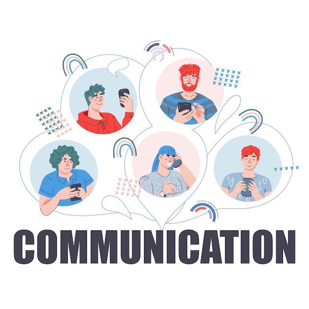 Banner de comunicação com avatares de pessoas com telefones celulares vetor isolado