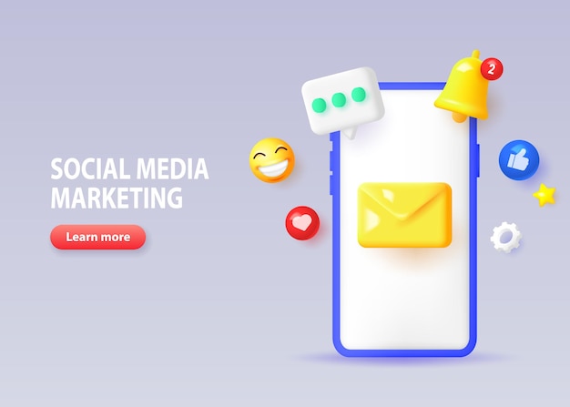 Vetor banner de conceito de marketing de mídia social telefone móvel com ícones 3d