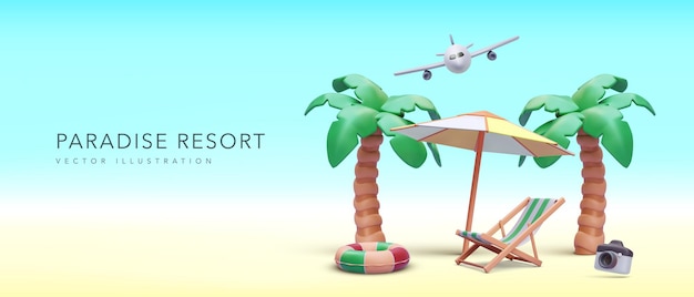 Vetor banner de conceito de resort paradisíaco em estilo realista com avião de câmera de cadeira de guarda-chuva de palmas no fundo de verão ilustração vetorial