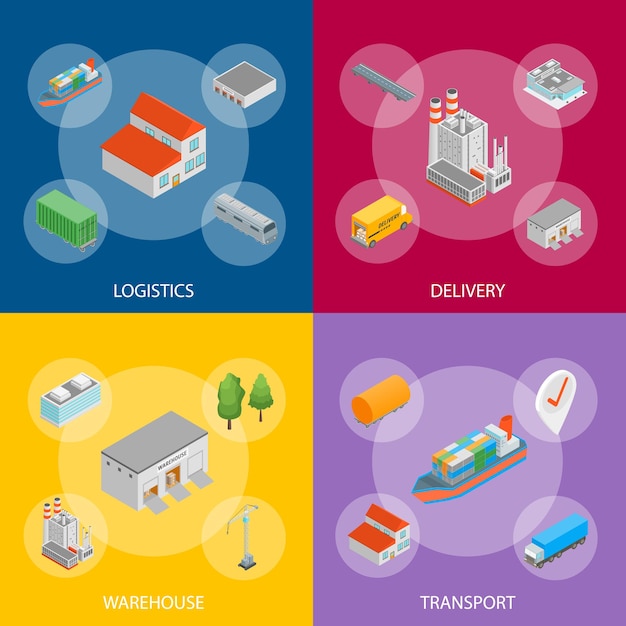 Banner de conceito de transporte logístico Set de vetor de visualização isométrica 3D