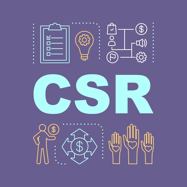 Vetor banner de conceitos de palavra csr planejamento financeiro responsabilidade social corporativa campanha de marketing tipografia de letras isoladas planejamento e desenvolvimento de negócios ilustração de contorno vetorial