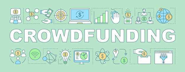 Banner de conceitos de palavra de crowdfunding. Campanha de financiamento online. Investimento individual em startups. Apresentação, site. Ideia de tipografia de rotulação isolada com ícones lineares. Ilustração de contorno vetorial