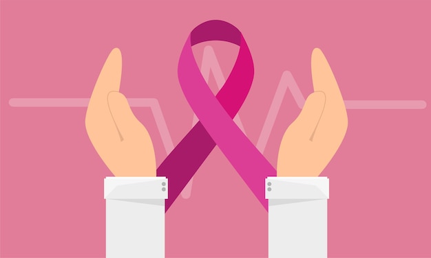 Banner de conscientização do câncer de mama com sinal de fita rosa de segurar em desenho vetorial de fundo rosa