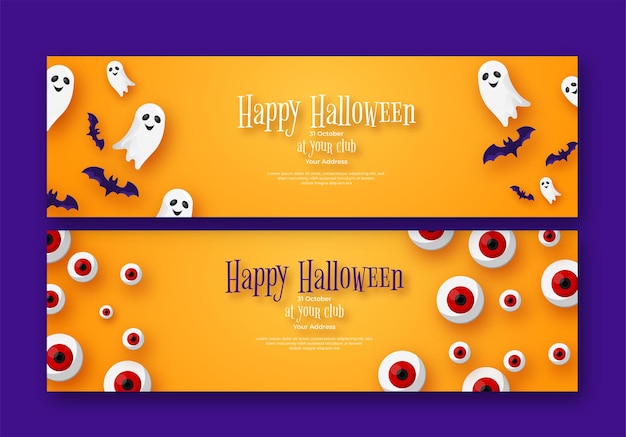 Banner de convites para festa de halloween com abóboras com olhos de chapéu, fantasma de morcego