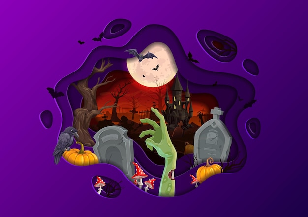 Vetor banner de corte de papel de halloween com castelo de paisagem de cemitério e abóboras entre lápides vetor fundo halloween feriado horror noite zumbi mão morta e morcegos com lápides no cemitério