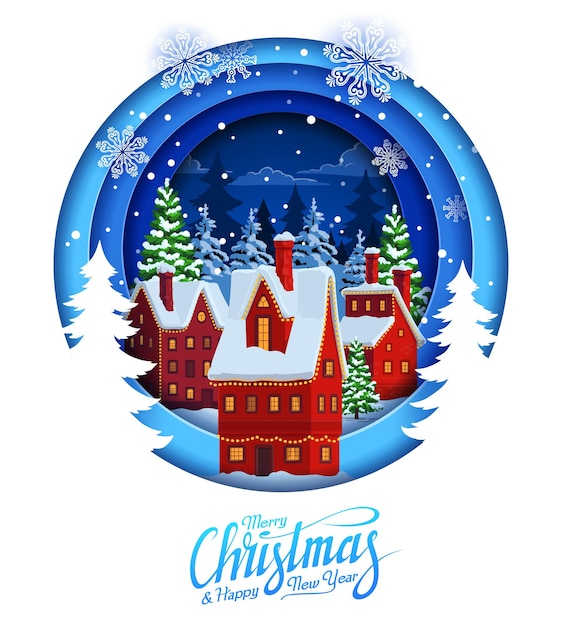 Banner de corte de papel de Natal com cidade de neve de inverno na floresta vetor fundo de noite de férias Feliz Natal e feliz ano novo cartão em exposição dupla de corte de papel com cidade de vila e neve