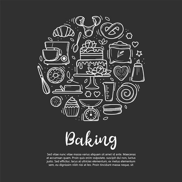 Banner de cozimento Ferramentas de cozinha desenhadas à mão fofas e assados com sobremesas
