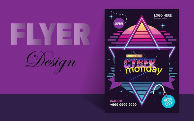 Banner de Cyber Monday em estilo neon à moda publicidade noturna de vendas de oferta de Cyber Monday