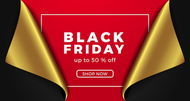 Banner de desconto de oferta especial de venda de sexta-feira negra com presente de papel 3d com cor dourada e vermelha.
