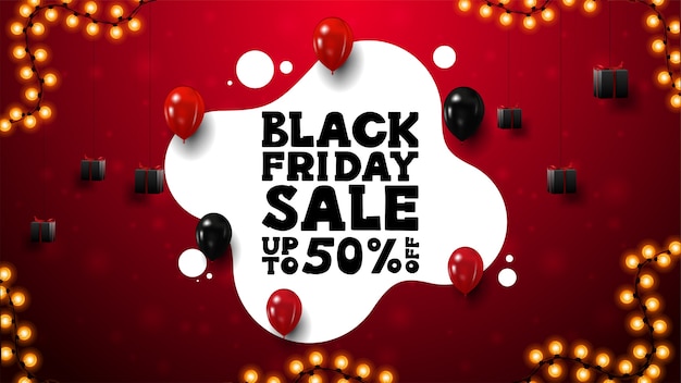 Banner de desconto vermelho e branco da Black Friday com formato líquido, presentes, balões vermelhos e pretos e moldura de guirlanda