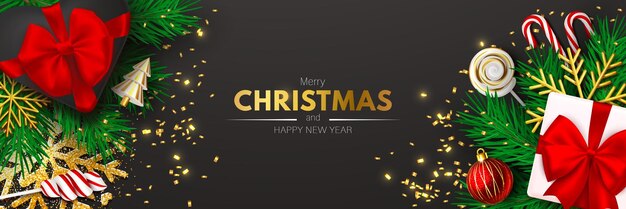 Banner de design de natal lindo em fundo preto Feliz ano novo pôster com caixa de presente arco de fita vermelha pirulito de floco de neve dourado galhos de pinheiro verde para cabeçalhos de celebração ilustração vetorial