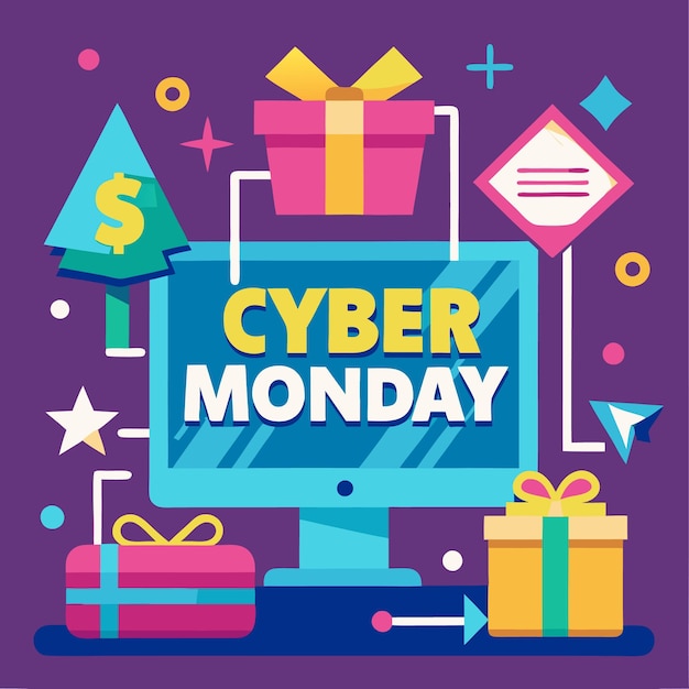 Banner de design plano colorido de Cyber Monday com presentes e computador