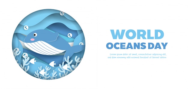 Banner de dia mundial dos oceanos com golfinho bonitinho no estilo de corte de papel.