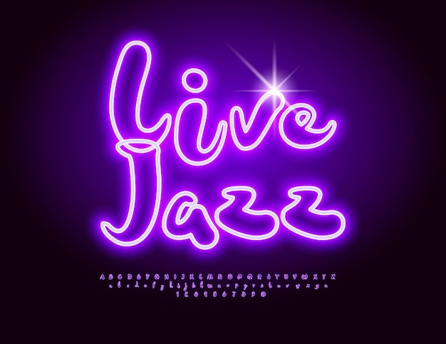 Vetor banner de evento vetorial live jazz com fonte neon roxa brilhante conjunto de letras e números do alfabeto da moda