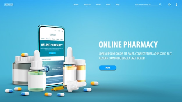 Banner de farmácia online com medicamentos para smartphone e elementos de interface