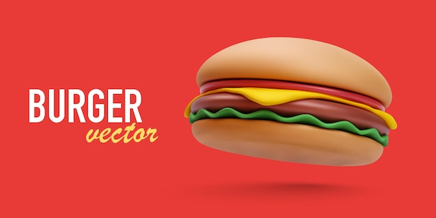 Vetor banner de fast food com hambúrguer voador 3d com sombra isolada em ilustração vetorial de fundo vermelho